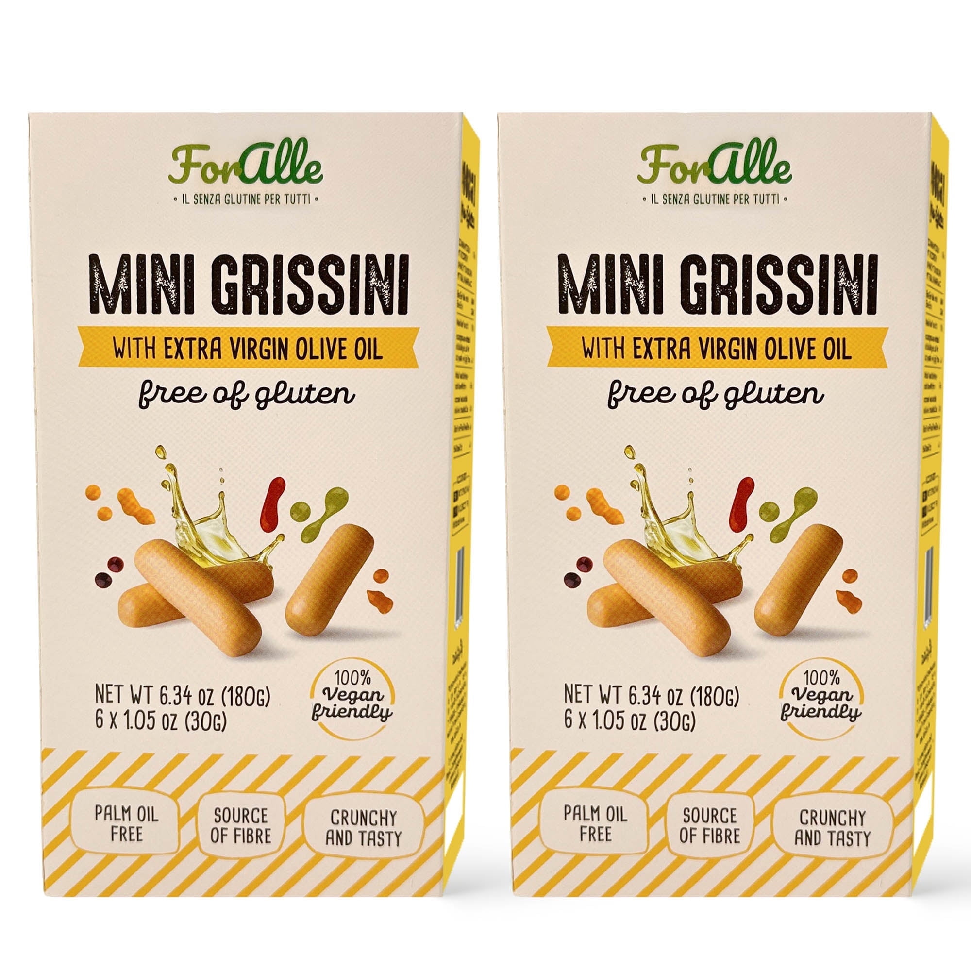 For Alle Gluten Free Mini Grissini with Extra Virgin Olive Oil, 6x1.05 oz (6.34 oz) – Traditional Italian Pugliese Snack. Oven-Baked. Vegan. Cholesterol-Free. (Pack of 2)