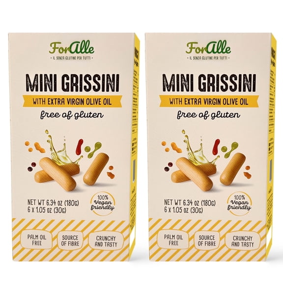 For Alle Gluten Free Mini Grissini with Extra Virgin Olive Oil, 6x1.05 oz (6.34 oz)  Traditional Italian Pugliese Snack. Oven-Baked. Vegan. Cholesterol-Free. (Pack of 2)