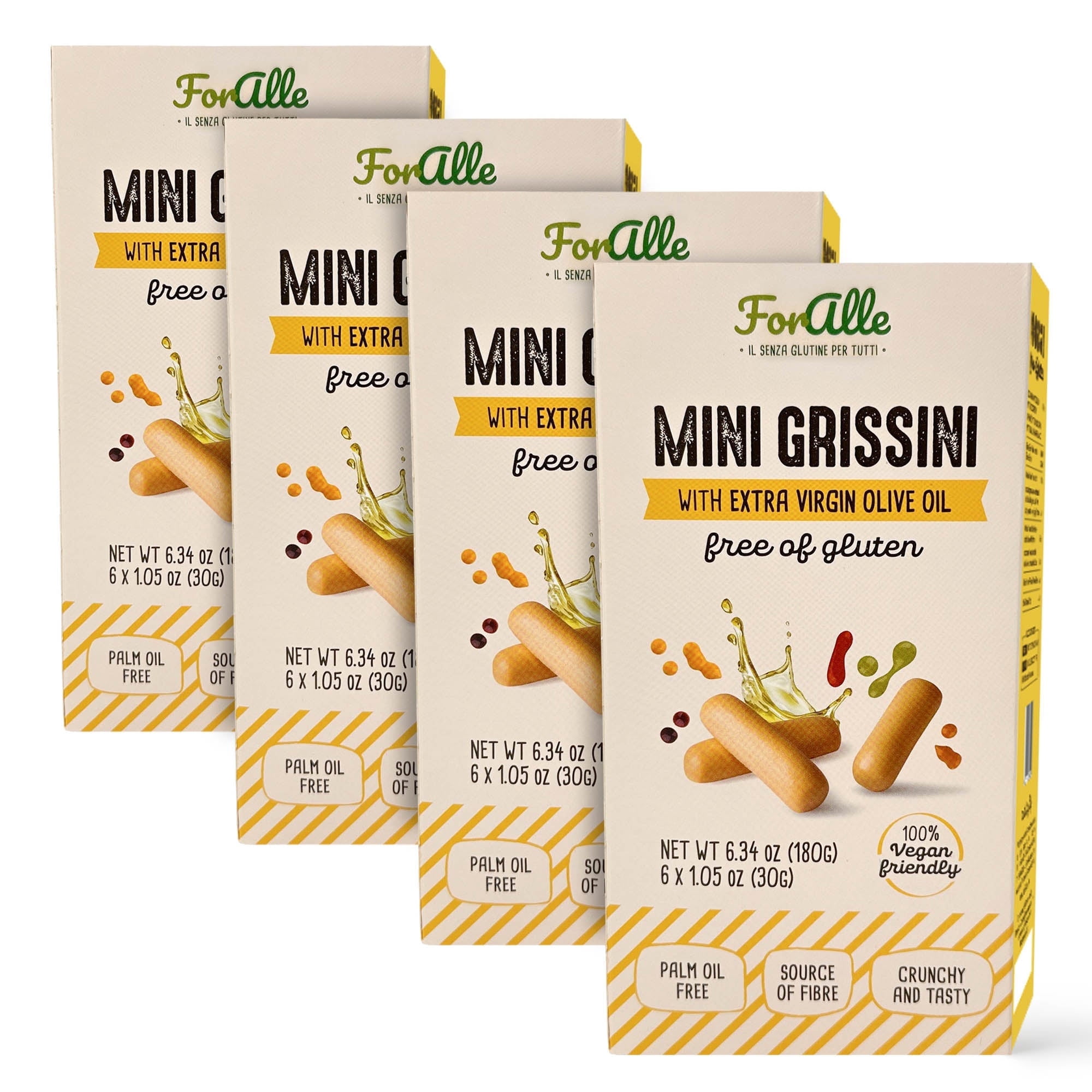 For Alle Gluten Free Mini Grissini with Extra Virgin Olive Oil, 6x1.05 oz (6.34 oz) – Traditional Italian Pugliese Snack. Oven-Baked. Vegan. Cholesterol-Free. (Pack of 4)
