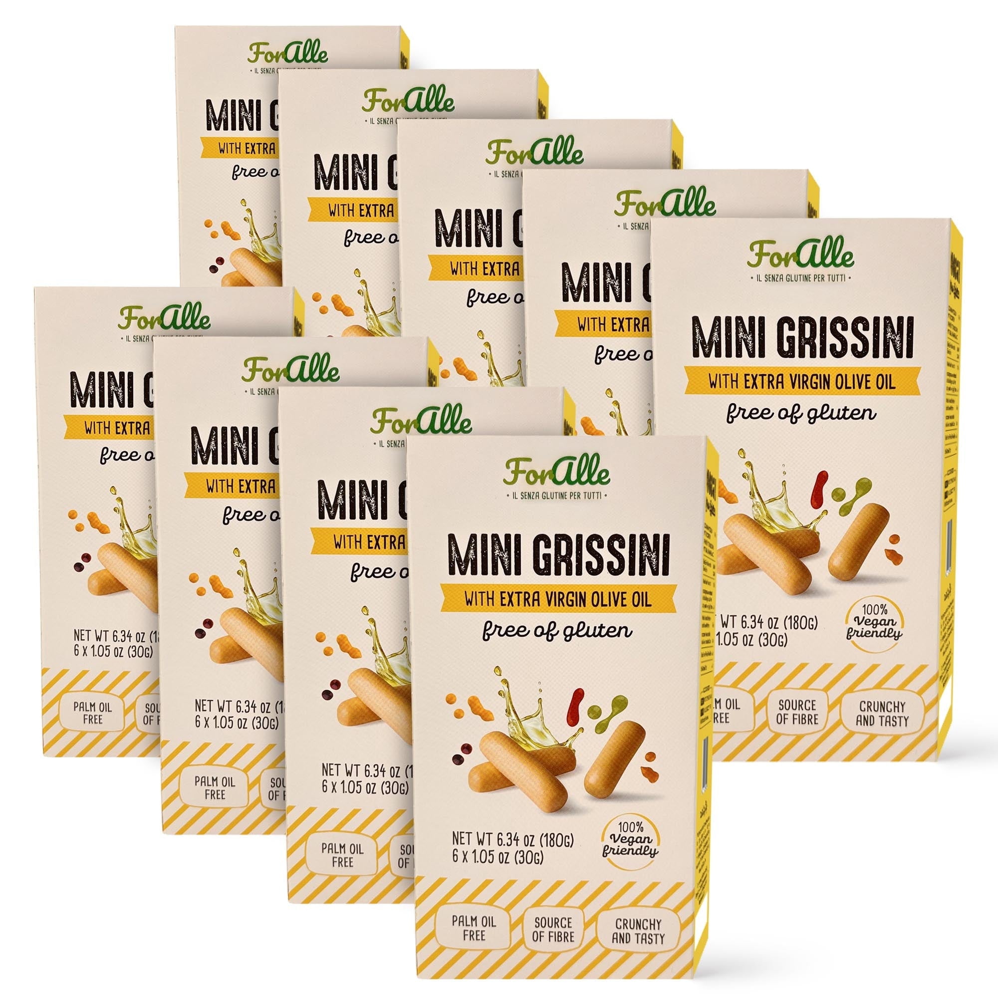 For Alle Gluten Free Mini Grissini with Extra Virgin Olive Oil, 6x1.05 oz (6.34 oz) – Traditional Italian Pugliese Snack. Oven-Baked. Vegan. Cholesterol-Free. (Pack of 9)