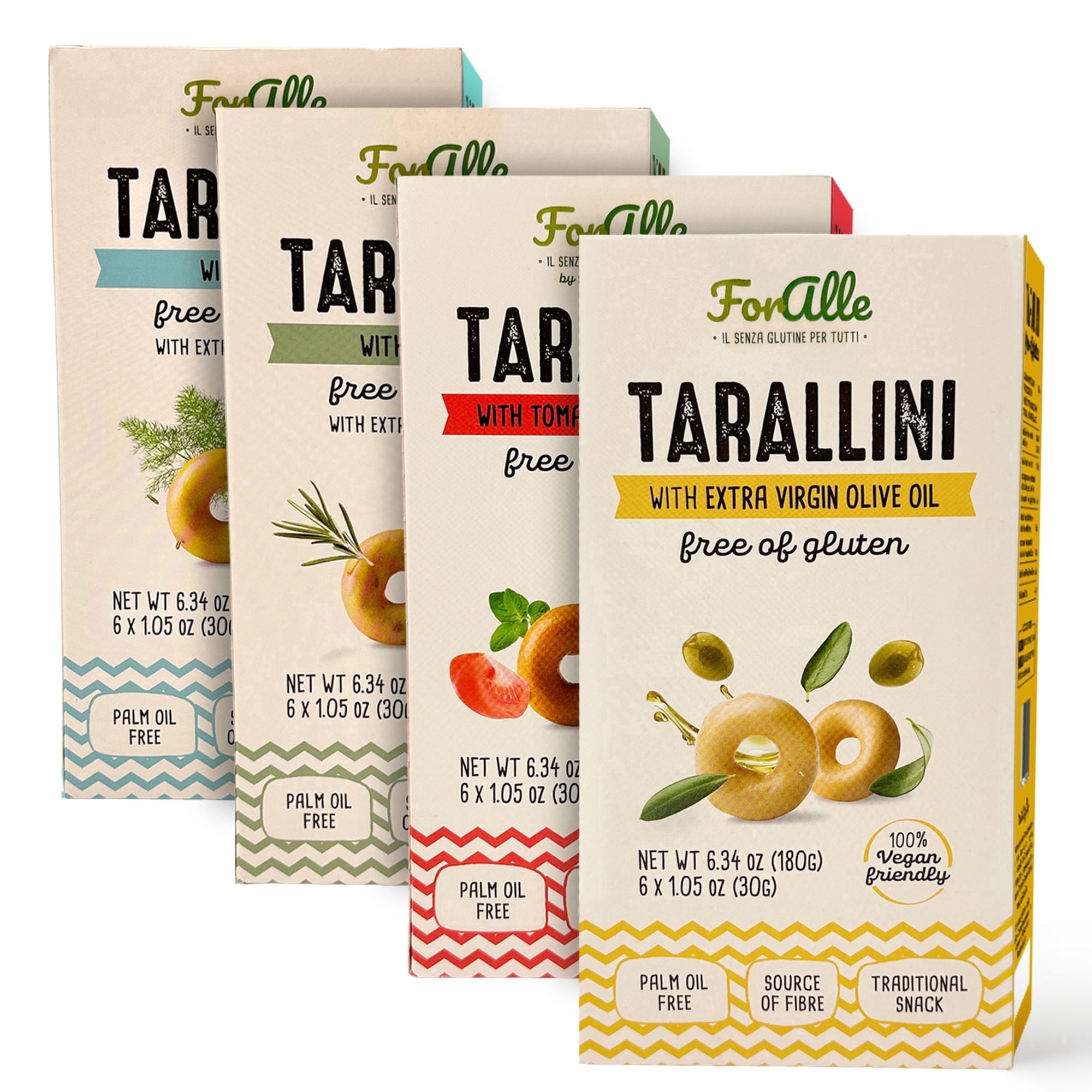For Alle Gluten-Free Tarallini Bundle, Set of 4 – Traditional Italian Pugliese Snack with Extra Virgin Olive Oil, Fennel, Rosemary, Tomato and Oregano. Oven-Baked. Vegan. Cholesterol-Free.