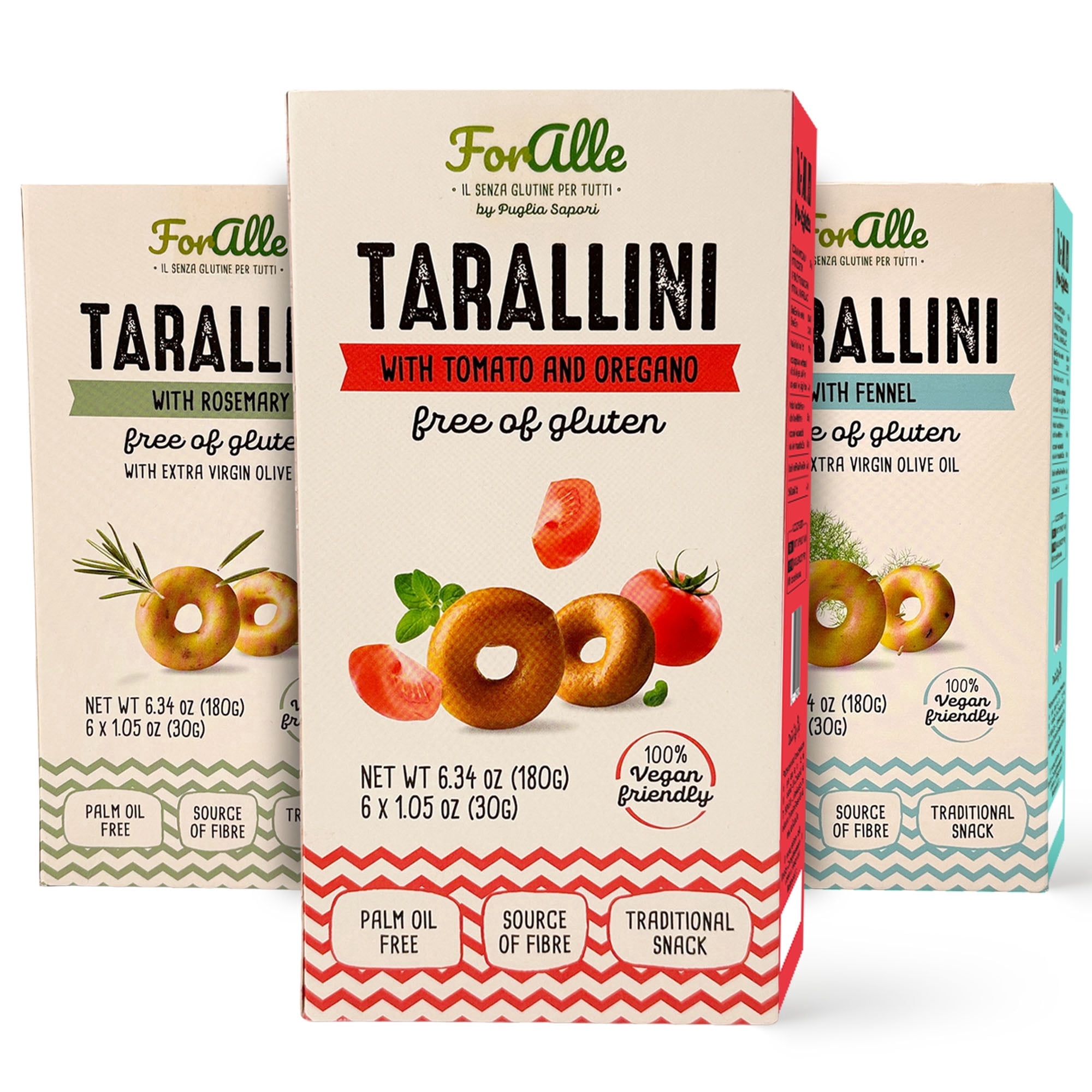 For Alle Gluten-Free Tarallini Bundle, Set of 3 – Traditional Italian Pugliese Snack with Fennel, Rosemary, Tomato and Oregano. Oven-Baked. Vegan. Cholesterol-Free.