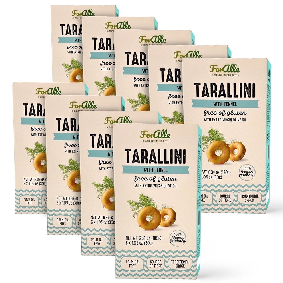 For Alle Gluten-Free Tarallini with Fennel and Extra Virgin Olive Oil, 6x1.05 oz (6.34 oz) – Traditional Italian Pugliese Snack. Oven-Baked. Vegan. Cholesterol-Free. (Pack of 9)
