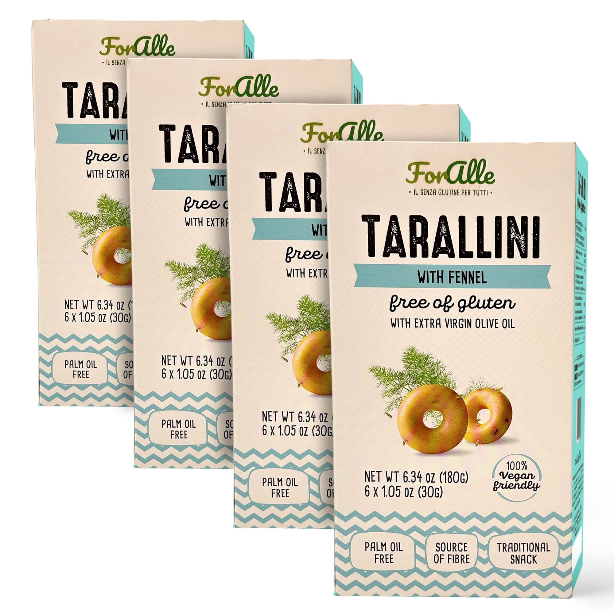 For Alle Gluten-Free Tarallini with Fennel and Extra Virgin Olive Oil, 6x1.05 oz (6.34 oz) – Traditional Italian Pugliese Snack. Oven-Baked. Vegan. Cholesterol-Free. (Pack of 4)