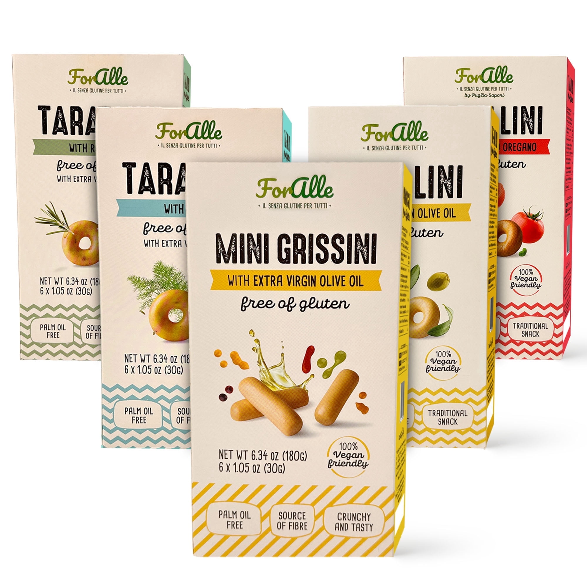 For Alle Gluten-Free Tarallini and Mini Grissini Bundle, Set of 5 – Traditional Italian Pugliese Snack with Extra Virgin Olive Oil, Fennel, Rosemary, Tomato and Oregano. Oven-Baked. Vegan