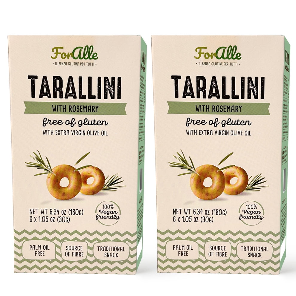 For Alle Gluten Free Tarallini with Rosemary and Extra Virgin Olive Oil, 6x1.05 oz (6.34 oz) – Traditional Italian Pugliese Snack. Oven-Baked. Vegan. Cholesterol-Free. (Pack of 2)