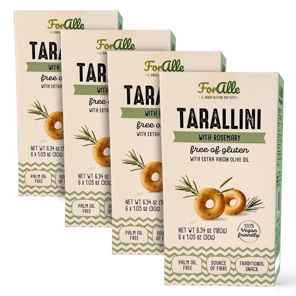 For Alle Gluten Free Tarallini with Rosemary and Extra Virgin Olive Oil, 6x1.05 oz (6.34 oz) – Traditional Italian Pugliese Snack. Oven-Baked. Vegan. Cholesterol-Free. (Pack of 4)