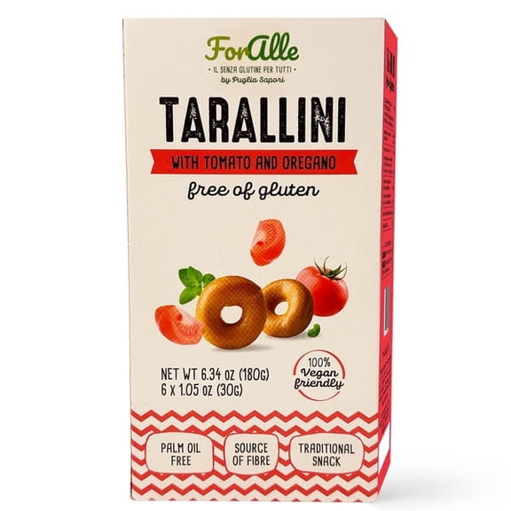 For Alle Gluten Free Tarallini with Tomato and Oregano, 6x1.05 oz (6.34 oz) Traditional Italian Pugliese Snack. Oven-Baked. Vegan. Cholesterol-Free. (Pack of 1)
