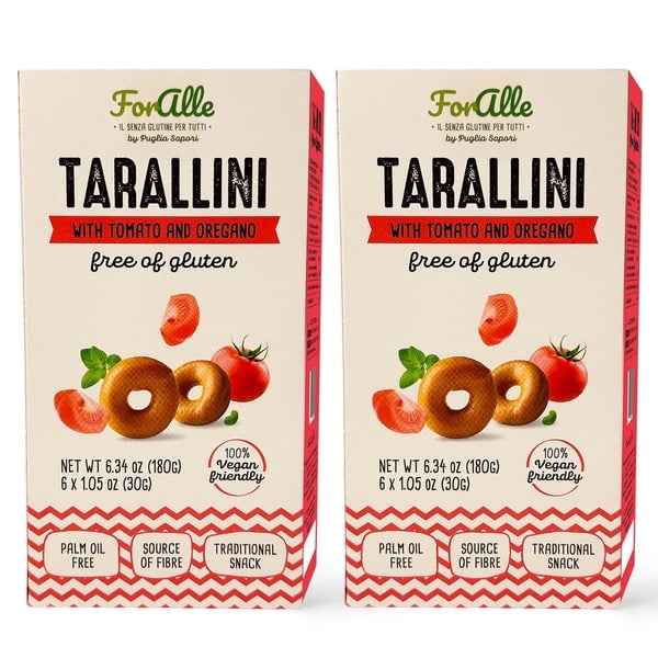 For Alle Gluten Free Tarallini with Tomato and Oregano, 6x1.05 oz (6.34 oz) – Traditional Italian Pugliese Snack. Oven-Baked. Vegan. Cholesterol-Free. (Pack of 2)