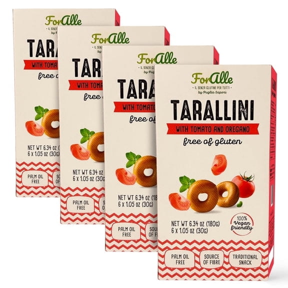 For Alle Gluten Free Tarallini with Tomato and Oregano, 6x1.05 oz (6.34 oz) Traditional Italian Pugliese Snack. Oven-Baked. Vegan. Cholesterol-Free. (Pack of 4)