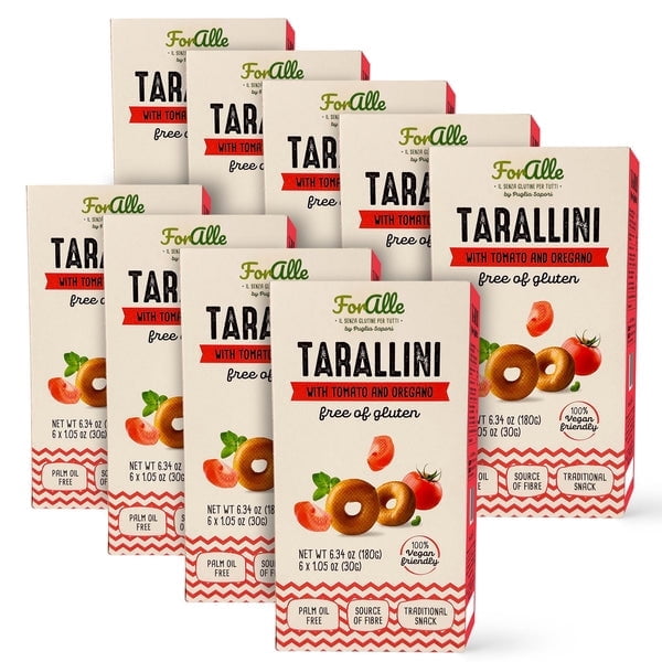 For Alle Gluten Free Tarallini with Tomato and Oregano, 6x1.05 oz (6.34 oz) – Traditional Italian Pugliese Snack. Oven-Baked. Vegan. Cholesterol-Free. (Pack of 9)