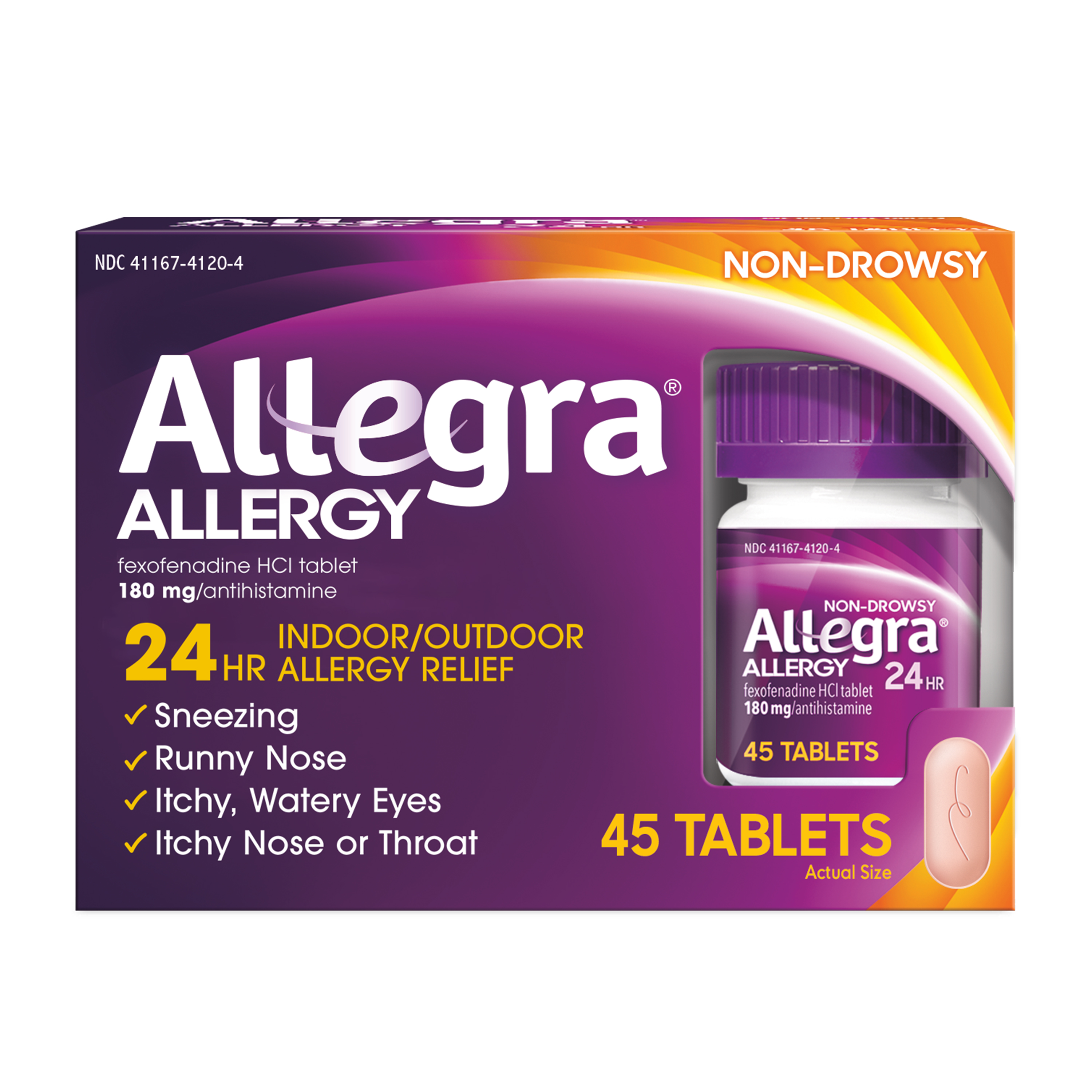 Allegra 24 Hour Non-Drowsy Antihistamine Allergy Relief Medicine, 180 mg Fexofenadine Tablets, 45 Ct - image 1 of 6