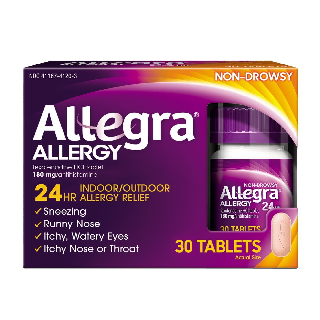 Allegra 24 Hour Non-Drowsy Antihistamine Medicine Tablets for Adult Allergy Relief, Fexofenadine, 180 mg, 30 Pills - image 1 of 7
