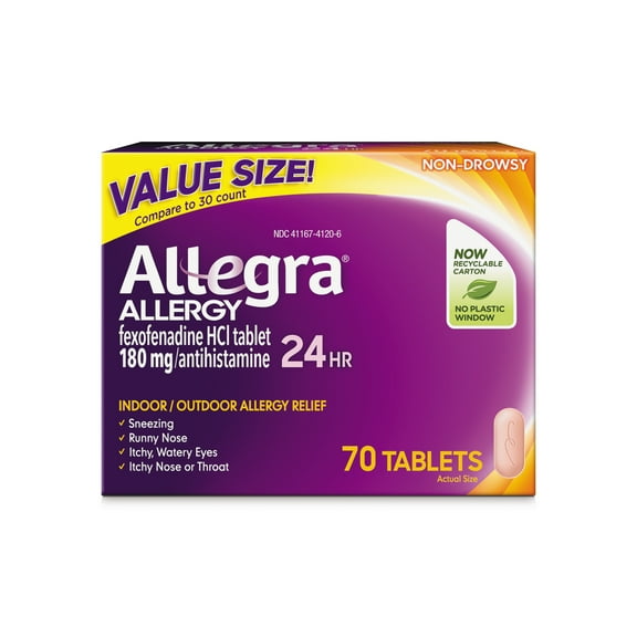Allegra 24 Hour Non-Drowsy Antihistamine Medicine Tablets for Adult Allergy Relief, Fexofenadine, 180 mg, 70 Pills
