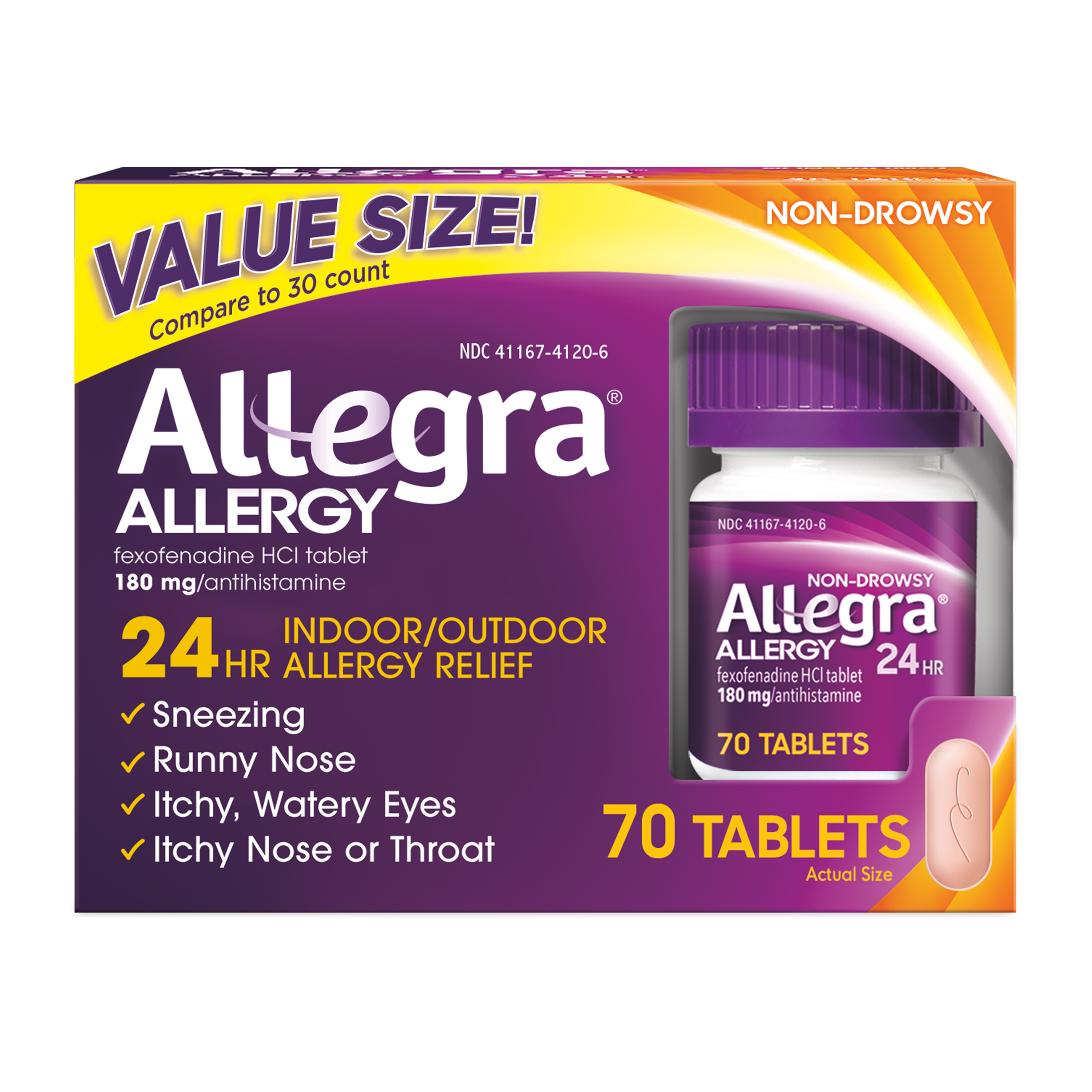 Allegra 24 Hour Non-Drowsy Antihistamine Medicine Tablets for Adult Allergy Relief, Fexofenadine, 180 mg, 70 Pills - image 1 of 7