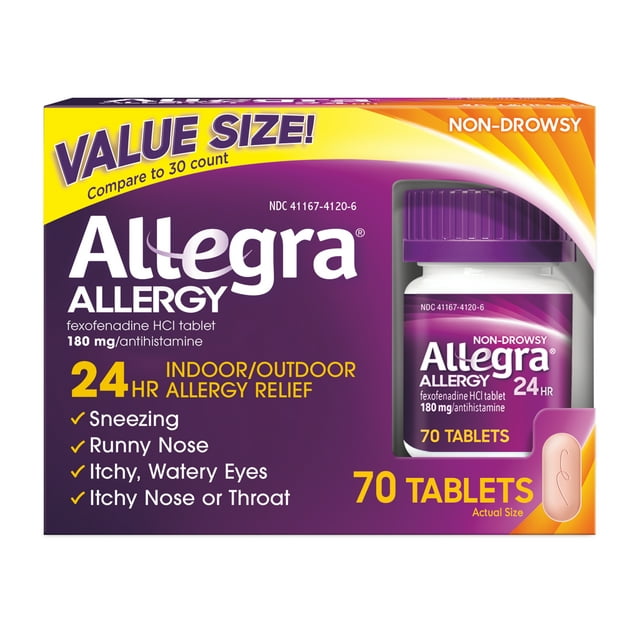 Allegra 24 Hour Non-Drowsy Antihistamine Medicine Tablets for Adult Allergy Relief, Fexofenadine, 180 mg, 70 Pills