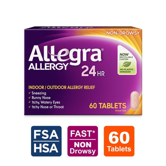 Allegra Adult 24-Hour Allergy Relief Tablets, Non-Drowsy Indoor and Outdoor Allergy Medicine, 180 mg Fexofenadine HCI Antihistamine Pill, 60-Count