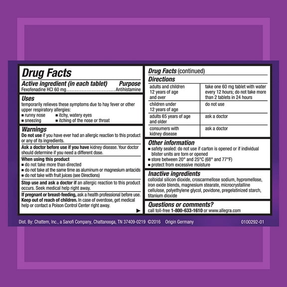 Allegra Allergy 12Hr Fast Relief Fexofenadine HCI Antihistamine 60 mg, 12ct