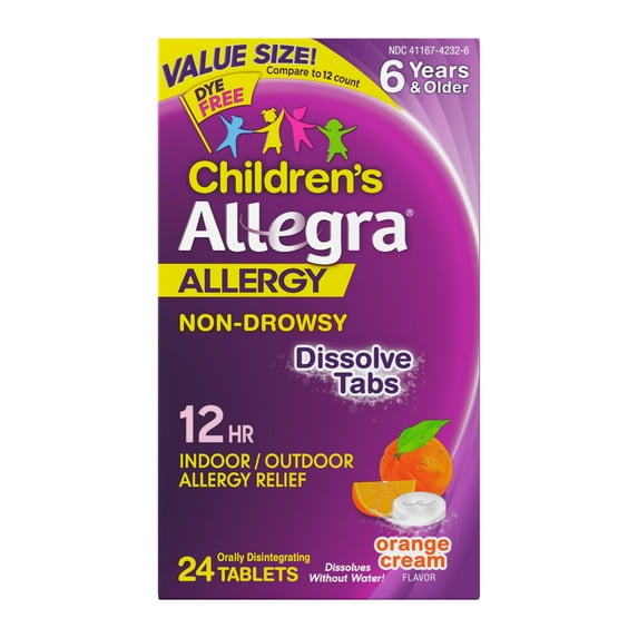 Allegra Children's 12-Hour Allergy Relief Orally Dissolving Tablets, Non-Drowsy Indoor and Outdoor Allergy Medicine, 30 mg Fexofenadine HCI Antihistamine For Kids, Orange Cream Flavor, 24-Count