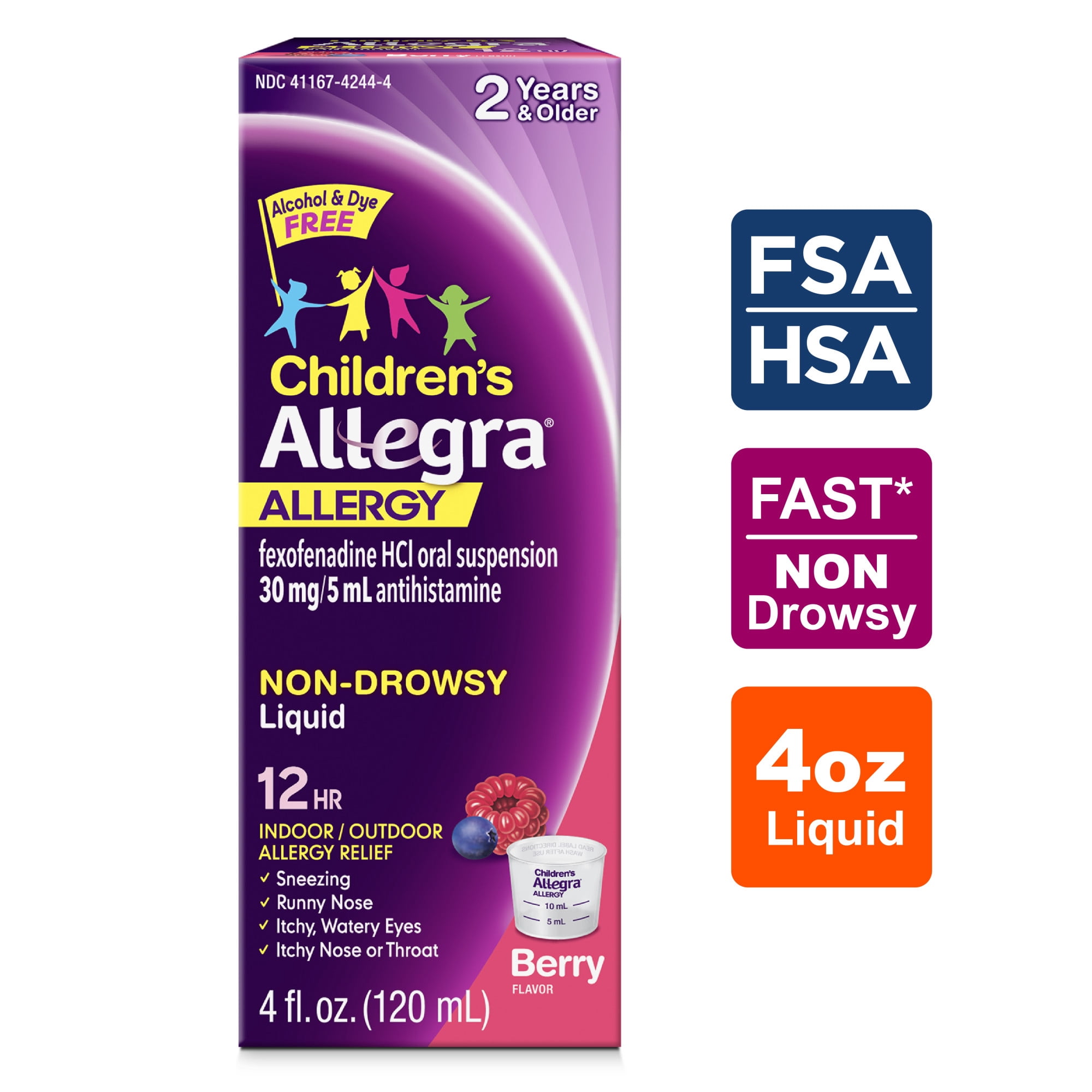 Allegra Children's 12-Hour Allergy Relief Liquid, Non-Drowsy Indoor and Outdoor Allergy Medicine, 30 mg Fexofenadine HCI Antihistamine For Kids, Berry Flavor, 4 oz.