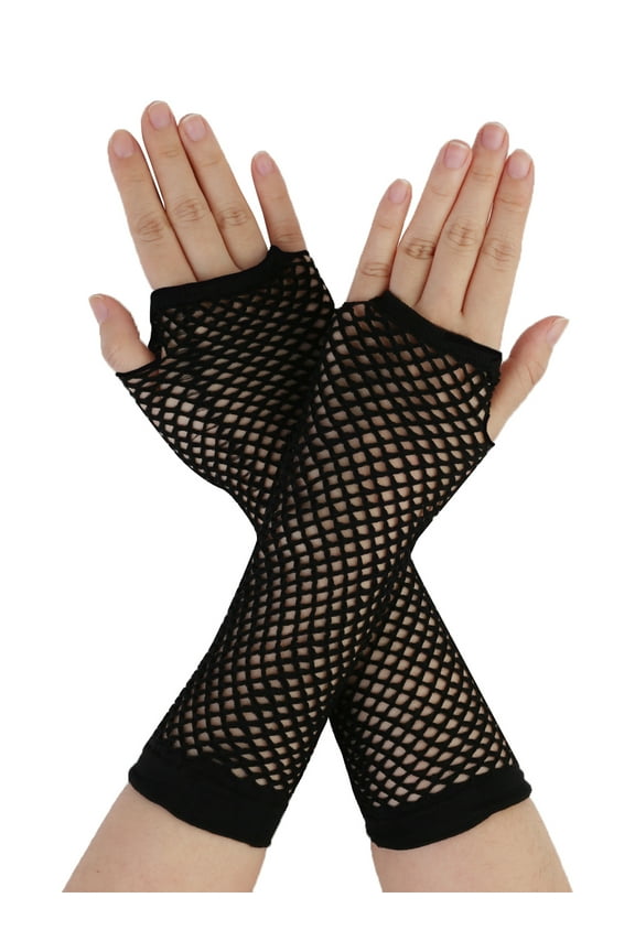 1 Pair Elastic Mesh Fishnet Elbow Fingerless Goth Arm Warmers for Women Black