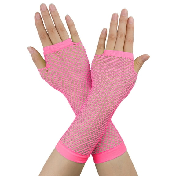 INSPIRE CHIC Women's Fingerless Mesh 1980s Fancy Dress Party Costume Accessories Fishnet Gloves Long-1Pair Light Pink