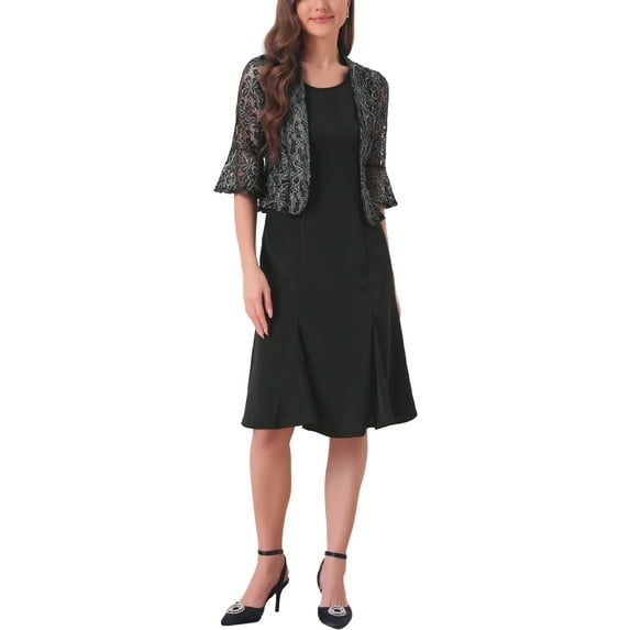 INSPIRE CHIC 2 Piece Dress Sets for Women's Long Sleeve Lace Cropped Shrug Sleeveless Midi Dresses Party Dress L Black