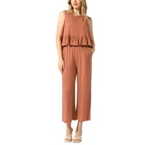 INSPIRE CHIC Summer 2 Piece Outfits for Women Linen Crop Tank Tops Lounge Matching Sets Long Track Pants Trousers Tracksuits Orange S