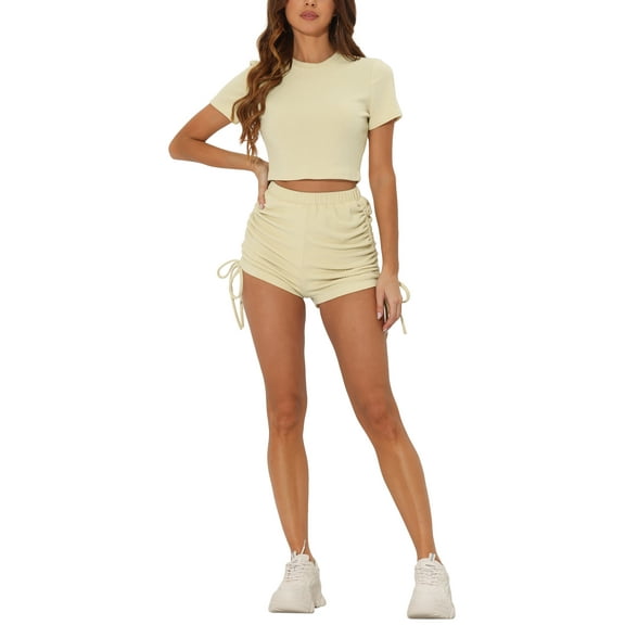INSPIRE CHIC 2 Piece Outfits for Women's Short Sleeve Top with High Waisted Drawstring Shorts Sets Beige S