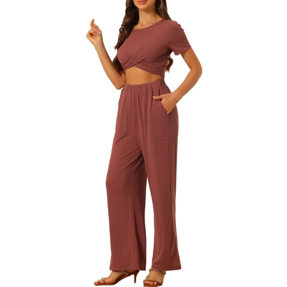 INSPIRE CHIC 2 Piece Outfits for Women's Shrot Sleeve Front Twist Top Wide Leg Pants Lounge Sets Tracksuits XS Brick Red