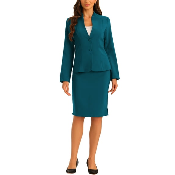 INSPIRE CHIC Women's Skirt Sets Collarless Suit Blazer and Pencil Skirts 2 Piece Chic Outfits L Lake Blue