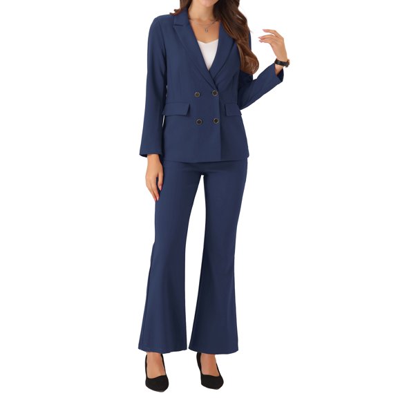 INSPIRE CHIC 2 Piece Work Suit for Women's Business Formal Double-Breasted Blazer and Pants Set XS Dark Blue