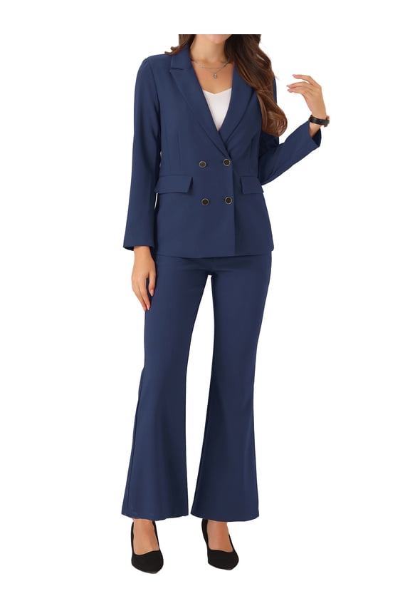 2 Piece Work Suit for Women's Business Formal Double-Breasted Blazer and Pants Set XS Dark Blue