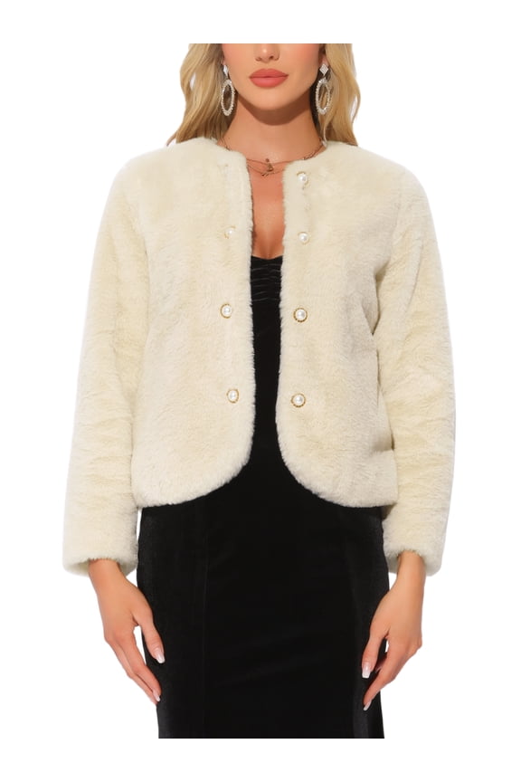 Allegra K 2024 Winter Faux Fur Coat Jacket for Women Long Sleeve Pockets Pearl Button Fluffy Cropped Cardigan Outerwear L Beige
