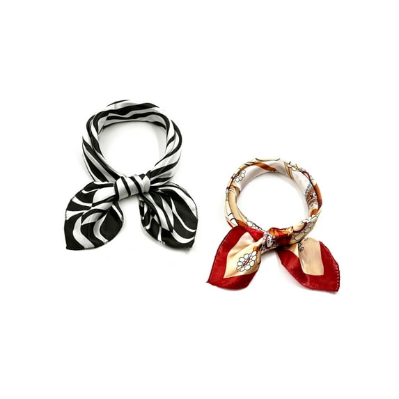 INSPIRE CHIC 2Pcs 50cm Women Animal Leopard Floral Print Square Kerchief Neck Scarf Black Zebrass&Red Floral