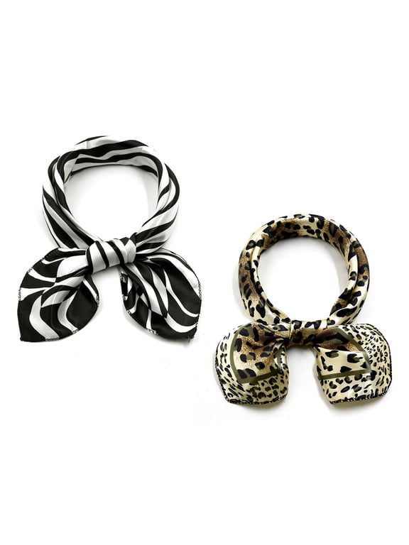 2Pcs 50cm Women Animal Leopard Floral Print Square Kerchief Neck Scarf Black Zebra&Gold Leopard