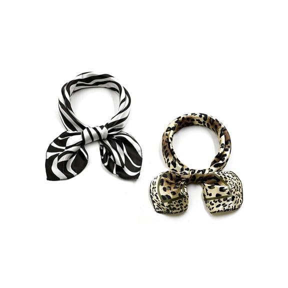 INSPIRE CHIC 2Pcs 50cm Women Animal Leopard Floral Print Square Kerchief Neck Scarf Black Zebrass&Gold Leopard