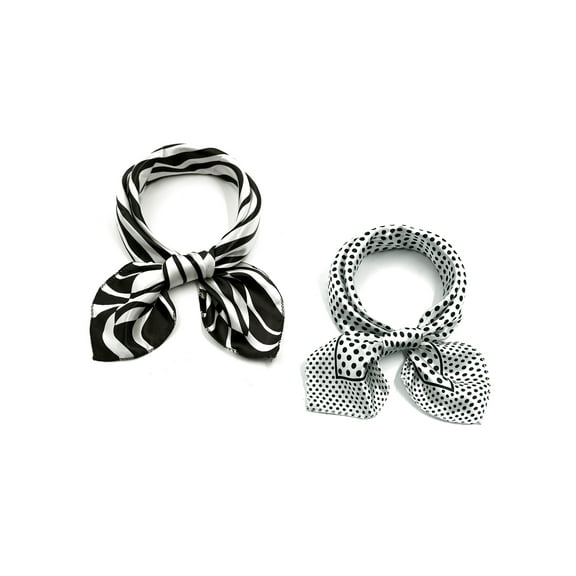 INSPIRE CHIC 2Pcs 50cm Women Animal Leopard Floral Print Square Kerchief Neck Scarf Black Zebrass&White Dots