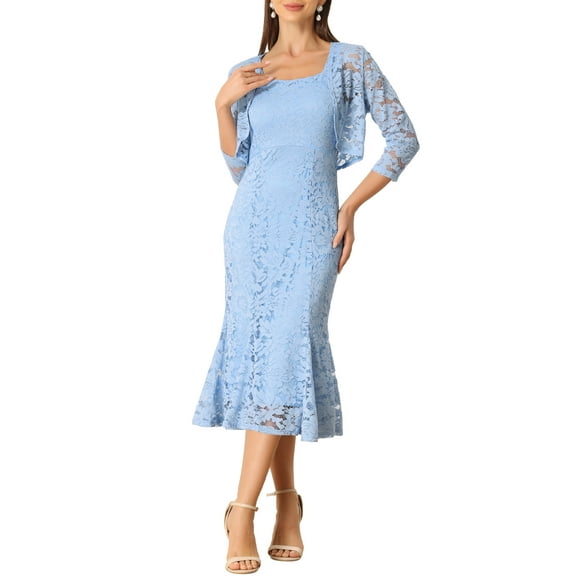 INSPIRE CHIC Women's Wedding Guest Dress Evening Outfits 2 Pieces Sleeveless Dresses with Shrug XS Light Blue