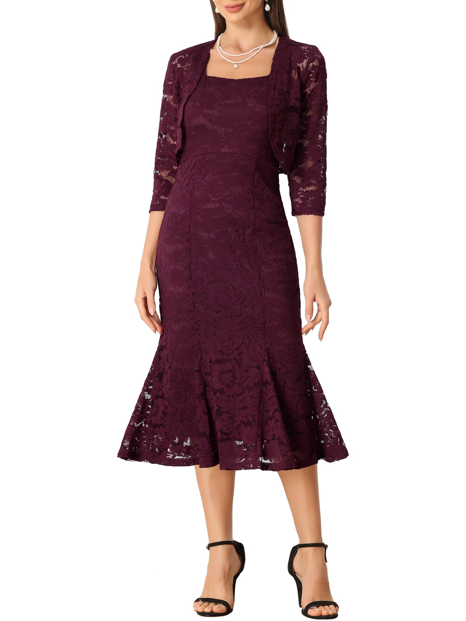 Allegra K 2pc Lace Dress for Women's Sleeveless Fishtail Sheath Dress ...