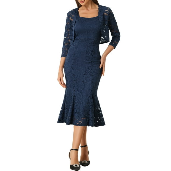 INSPIRE CHIC Women's Wedding Guest Dress Evening Outfits 2 Pieces Sleeveless Dresses with Shrug XS Dark Blue