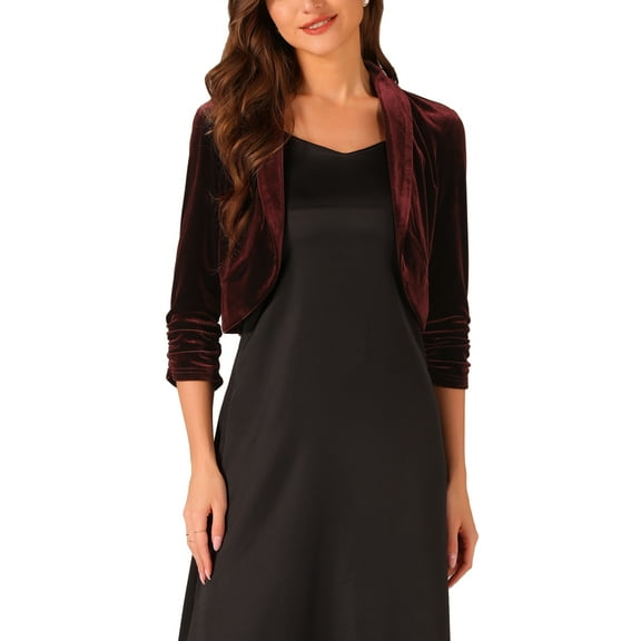 INSPIRE CHIC 3/4 Sleeve Velvet Shrug for Women's Open Front Bolero Cropped Cardigan Top M Burgundy
