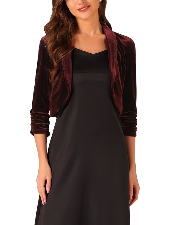 3/4 Sleeve Velvet Shrug for Women's Open Front Bolero Cropped Cardigan Top M Burgundy