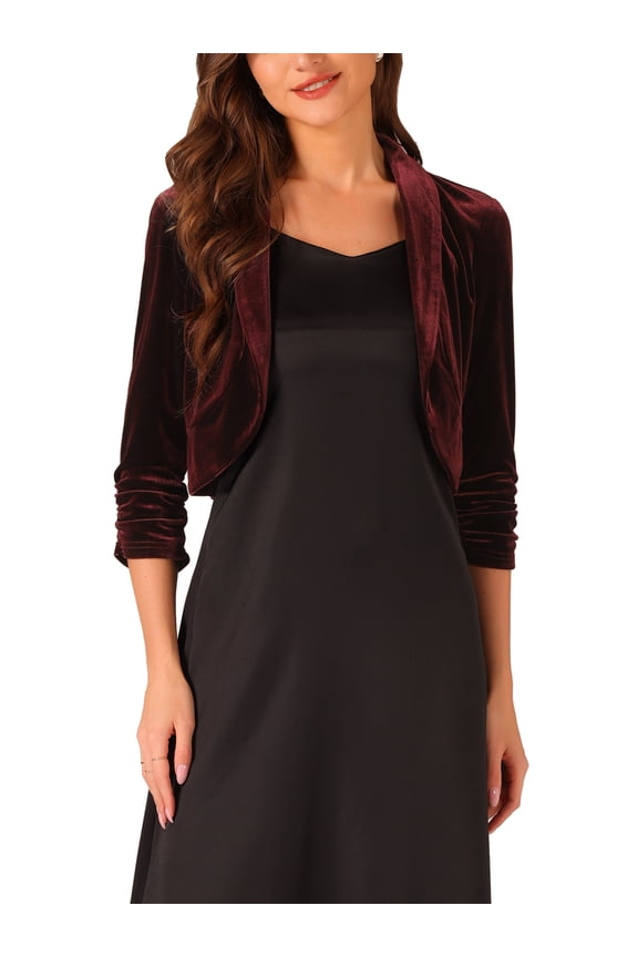 3/4 Sleeve Velvet Shrug for Women's Open Front Bolero Cropped Cardigan Top M Burgundy