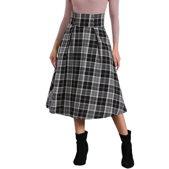 INSPIRE CHIC Women's Skirt High Elastic Waist A-Line Vintage Plaid Midi Skirts S Black