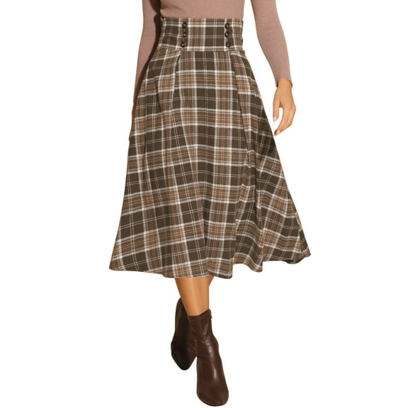 INSPIRE CHIC Women's Skirt High Elastic Waist A-Line  Vintage Plaid Midi Skirts XS Brown