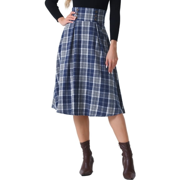 INSPIRE CHIC Women's Skirt High Elastic Waist A-Line  Vintage Plaid Midi Skirts XS Dark Blue