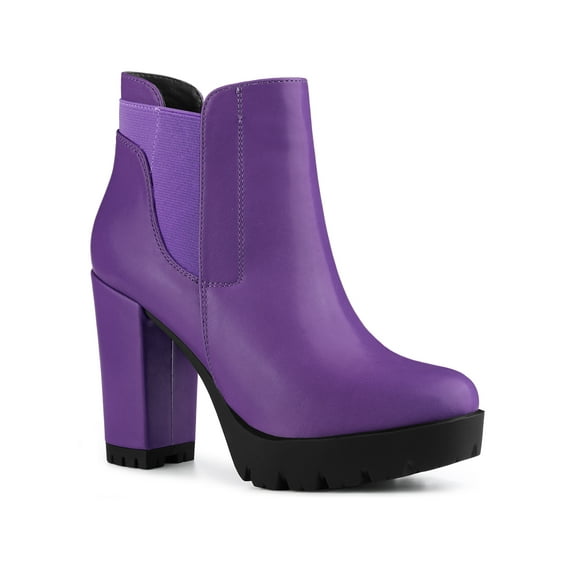 BLISSFUL STEP Women's Block High Heel Platform Zip Chelsea Boots Purple 7.5