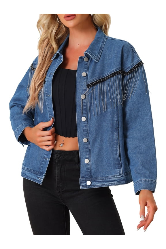 Women's Jacket Beads Fringe Denim Jacket Button Front Western Cowgirl Tassel Jean Jacket L Blue