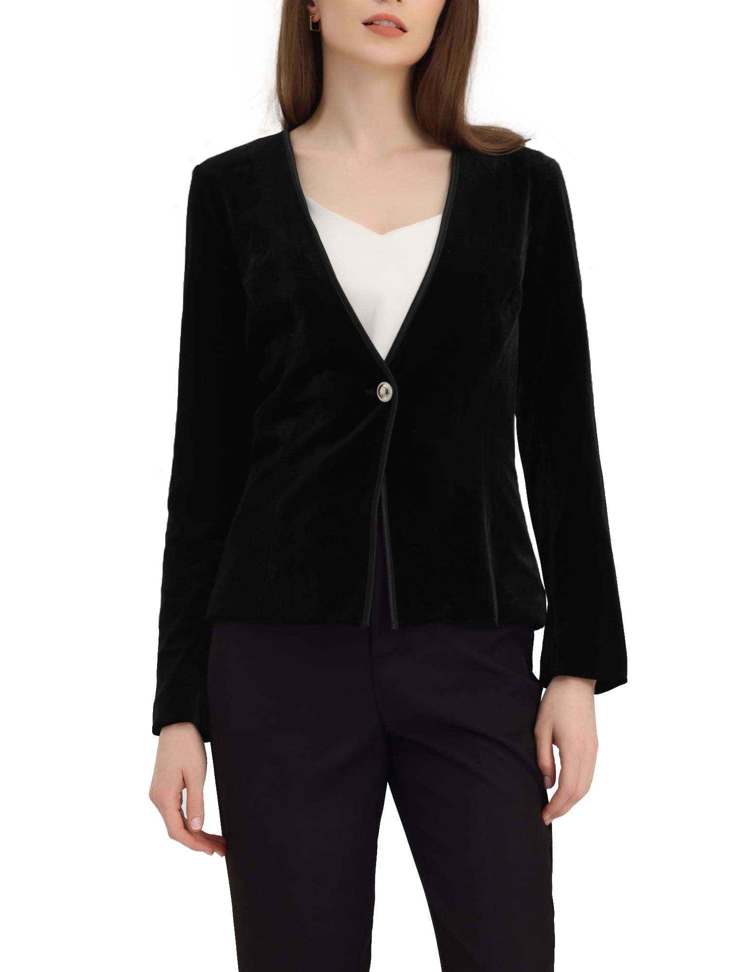 Allegra K Blazaer for Women's Long Sleeve Office Collarless 1 Button Velvet  Blazer